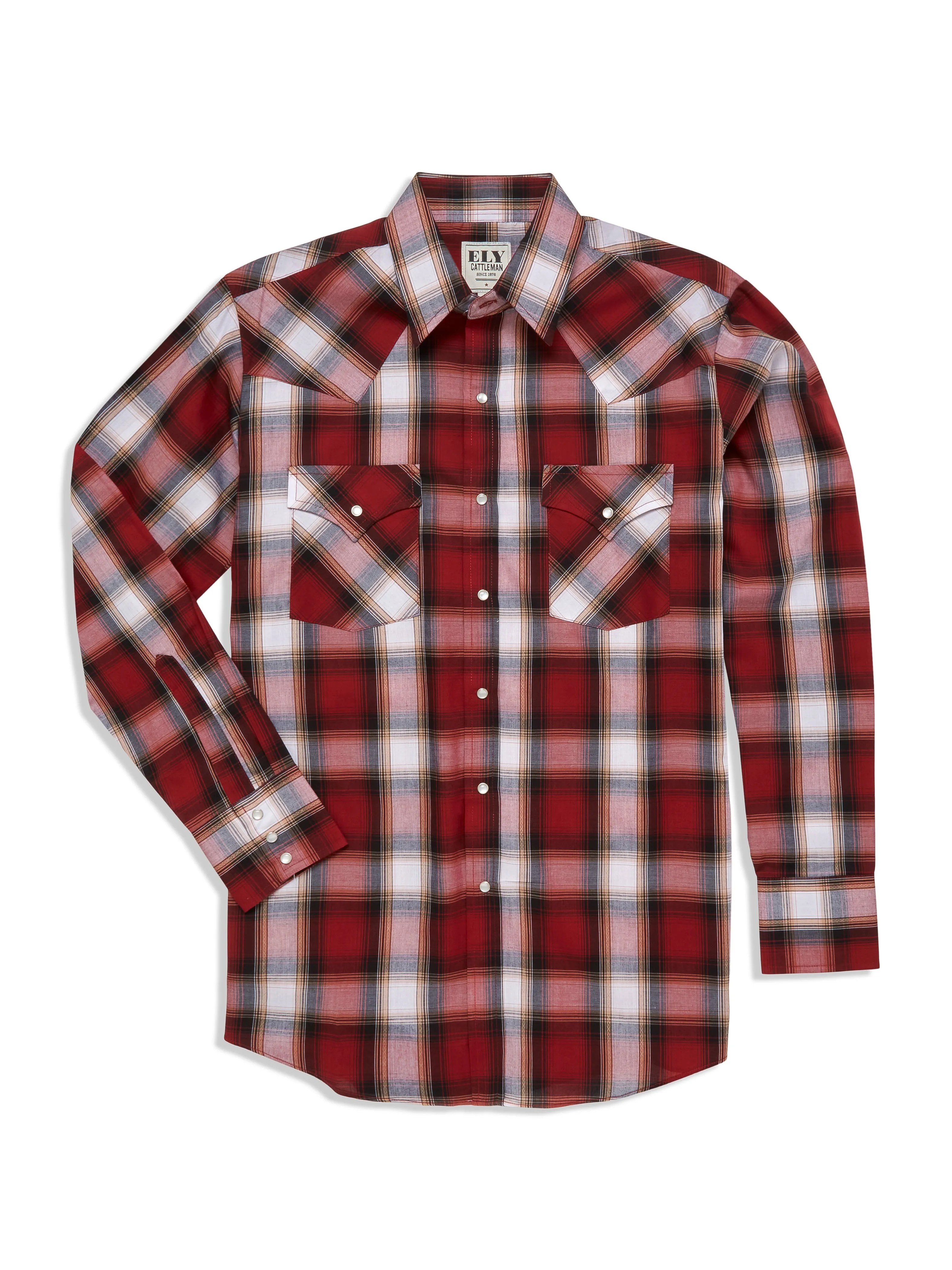 Men's Ely Cattleman Long Sleeve Textured Dobby Plaid Western Snap Shirt- Navy & Rust