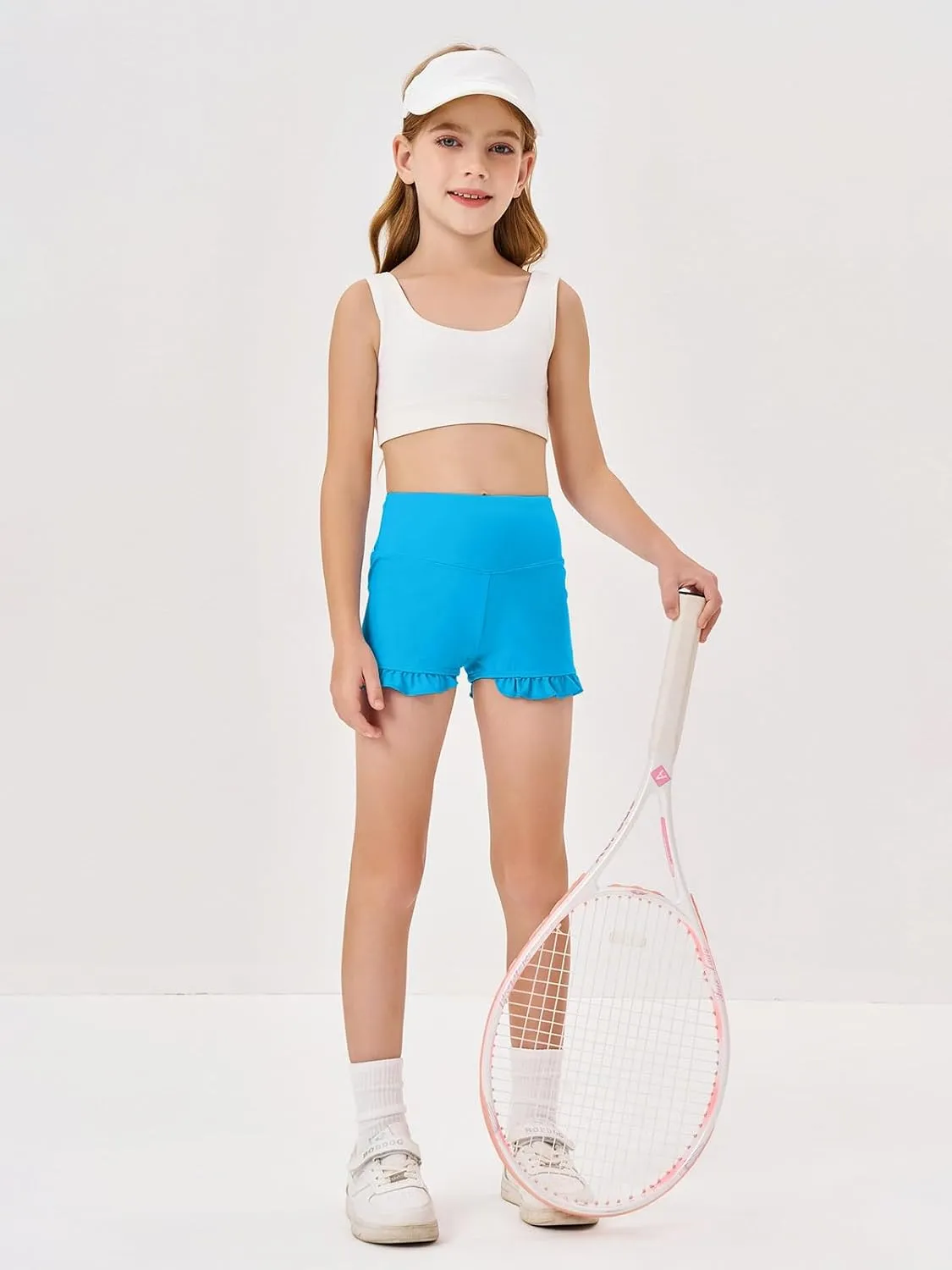RRHSS Girls Athletic High Waisted Ruffle Shorts - Comfy Yoga Dance Workout Gymnastics