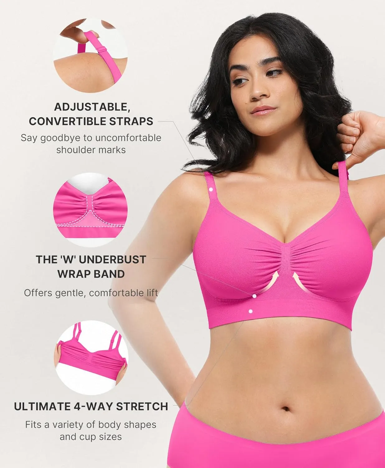 SHAPELLX Wireless Comfy Bra for Women Seamless Bra Non Padded Soft Bralette V Neck Everyday Bras with 4 Rows of Hooks