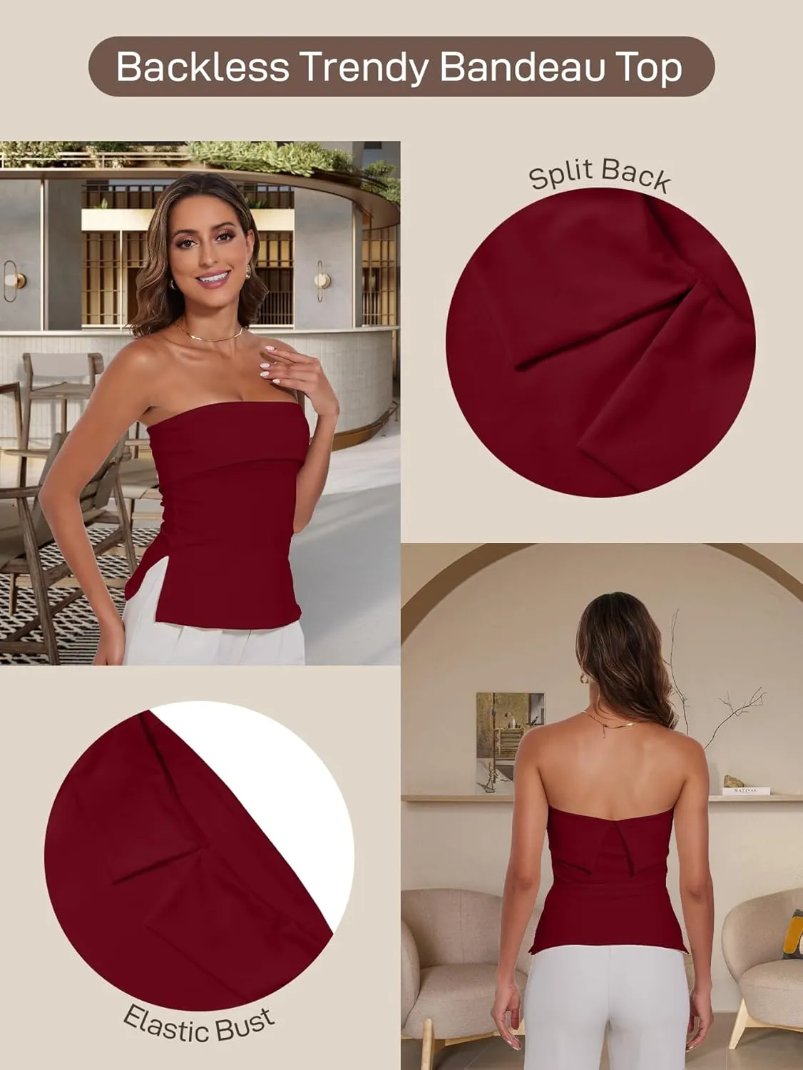 Strapless Tube Tops for Women Backless Going Out Bandeau Top Sexy Trendy Off Shoulder Side Split Summer Bustier Tops