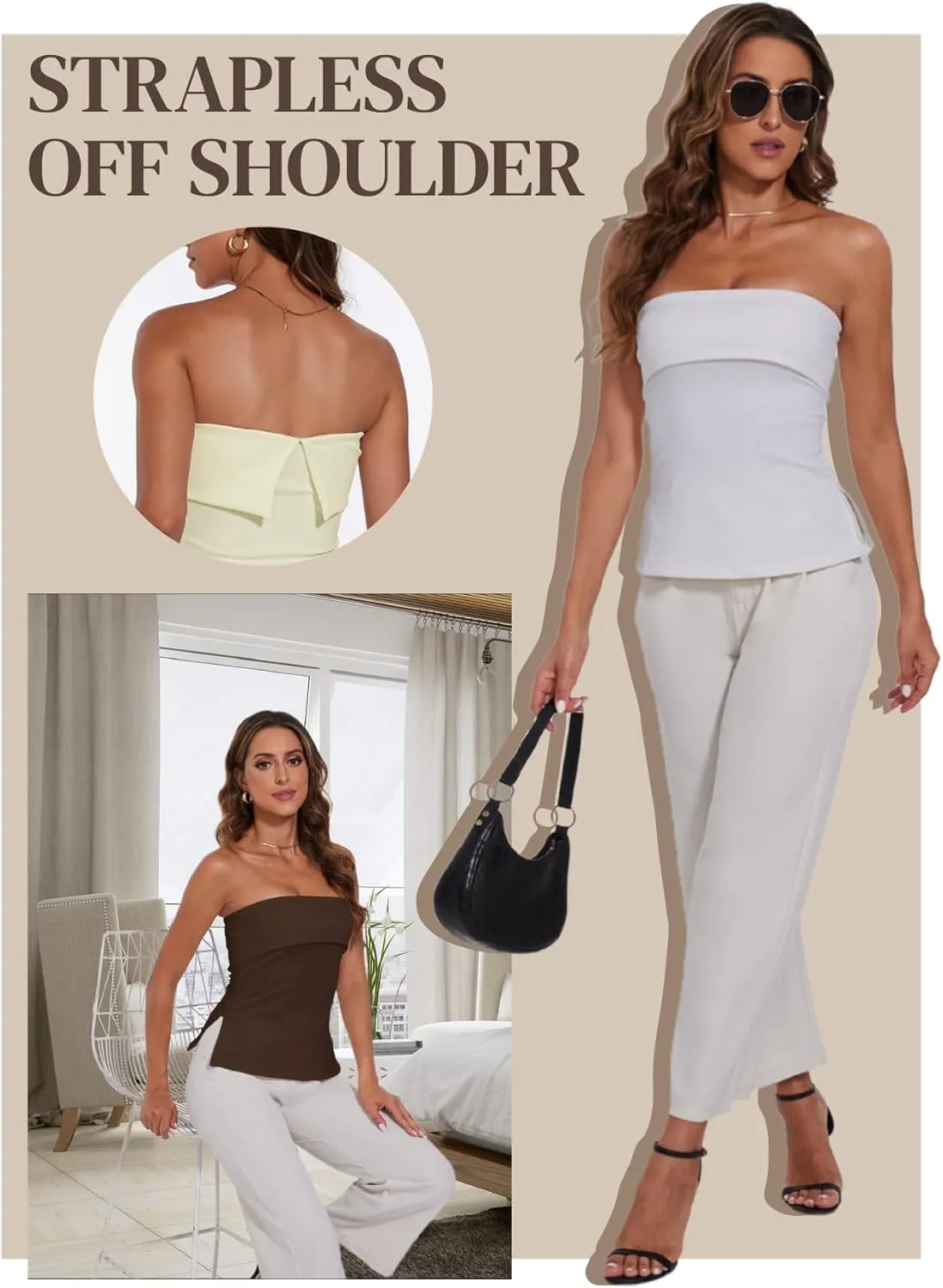 Strapless Tube Tops for Women Backless Going Out Bandeau Top Sexy Trendy Off Shoulder Side Split Summer Bustier Tops
