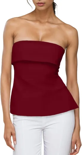Strapless Tube Tops for Women Backless Going Out Bandeau Top Sexy Trendy Off Shoulder Side Split Summer Bustier Tops