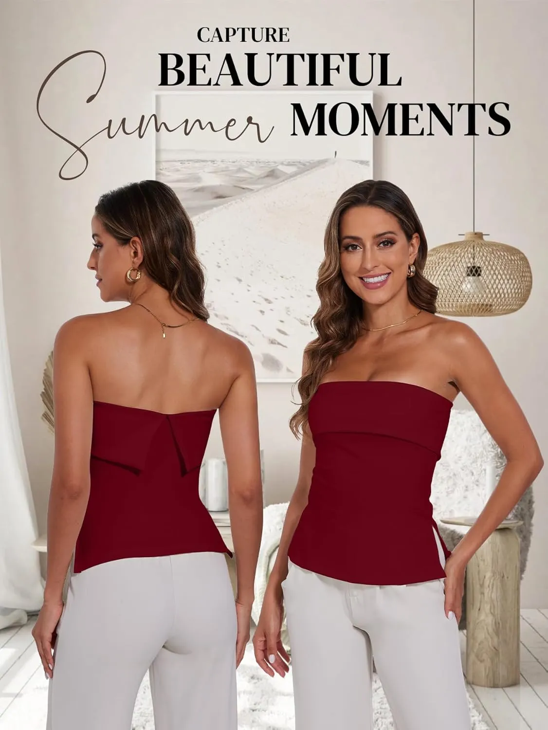 Strapless Tube Tops for Women Backless Going Out Bandeau Top Sexy Trendy Off Shoulder Side Split Summer Bustier Tops