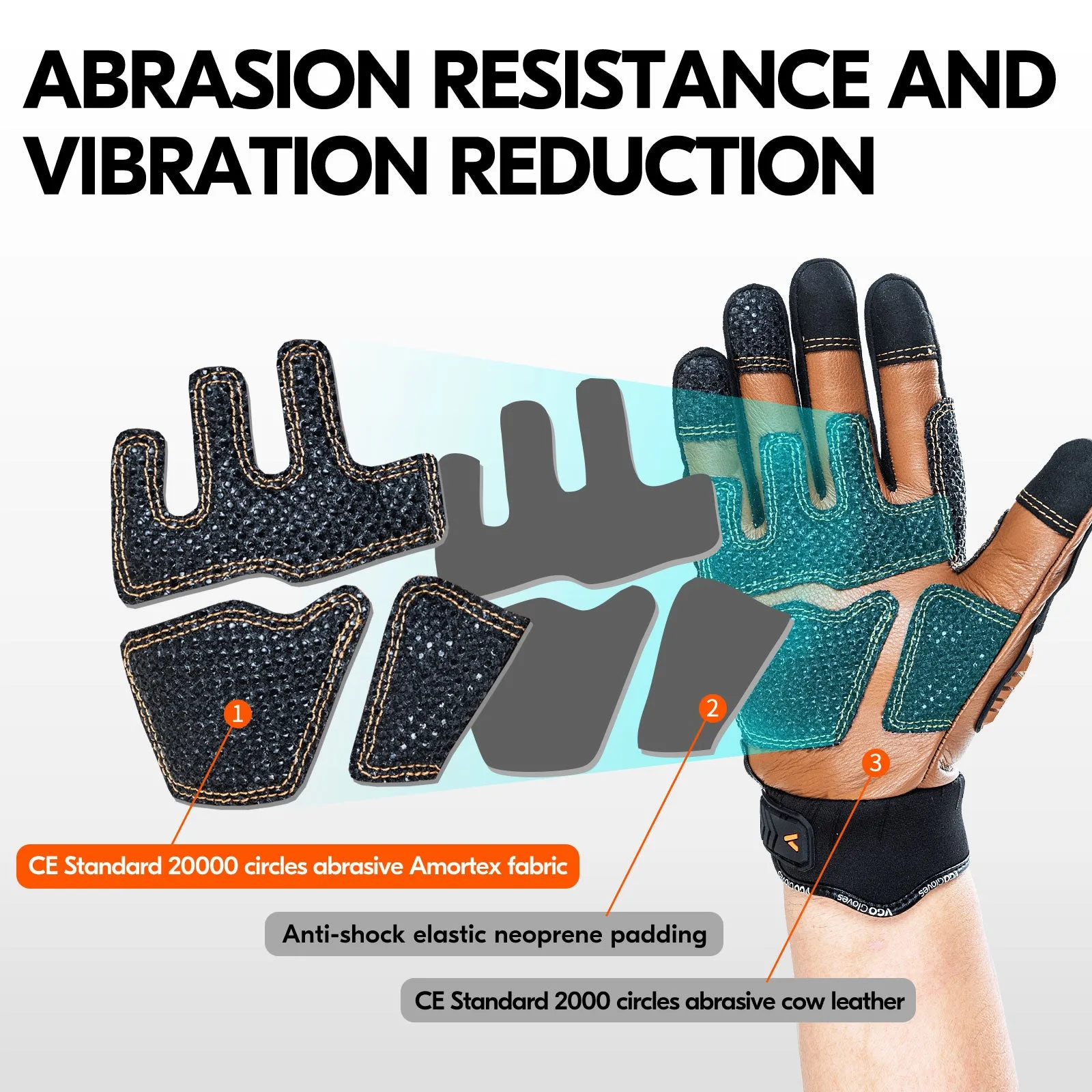 VGO 1Pair Cow Leather Work Gloves, Impact Mechanic Gloves, Abrasion Resistant, Water Resistant, Men's leather work glove (CA7722IP)