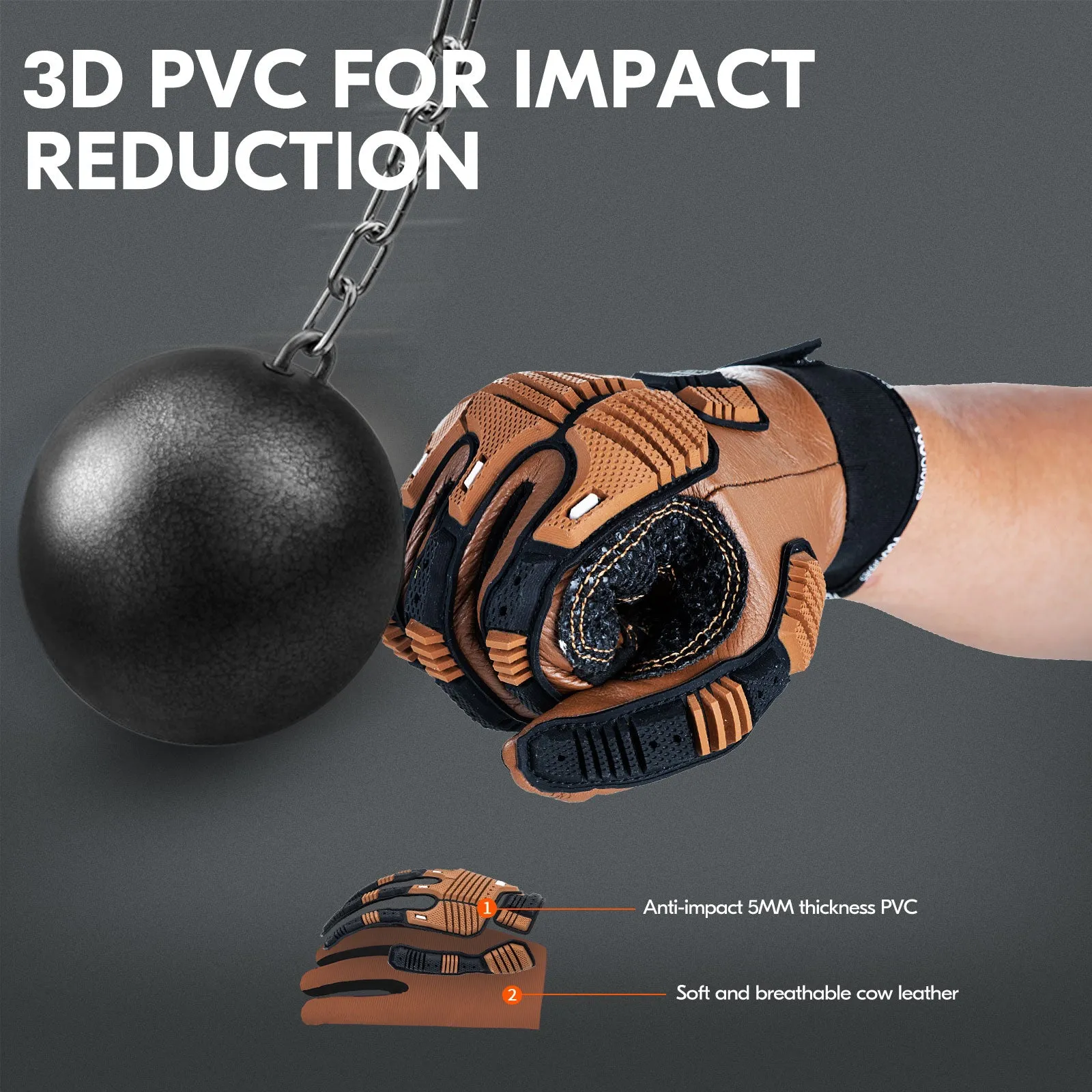 VGO 1Pair Cow Leather Work Gloves, Impact Mechanic Gloves, Abrasion Resistant, Water Resistant, Men's leather work glove (CA7722IP)