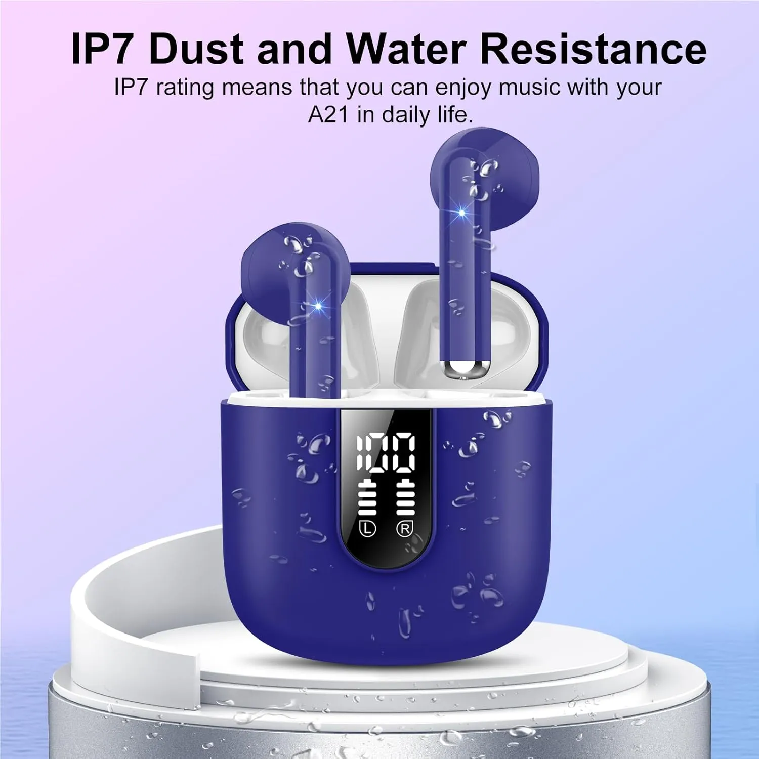 Wireless Earbuds 2024 Bluetooth 5.3 Headphones with HD Mic HiFi Stereo Sound, Wireless Earphones with Dual LED Display Touch Control, IPX7 Waterproof 30H Playtime Ear Buds for iOS Android, Dunkelblau