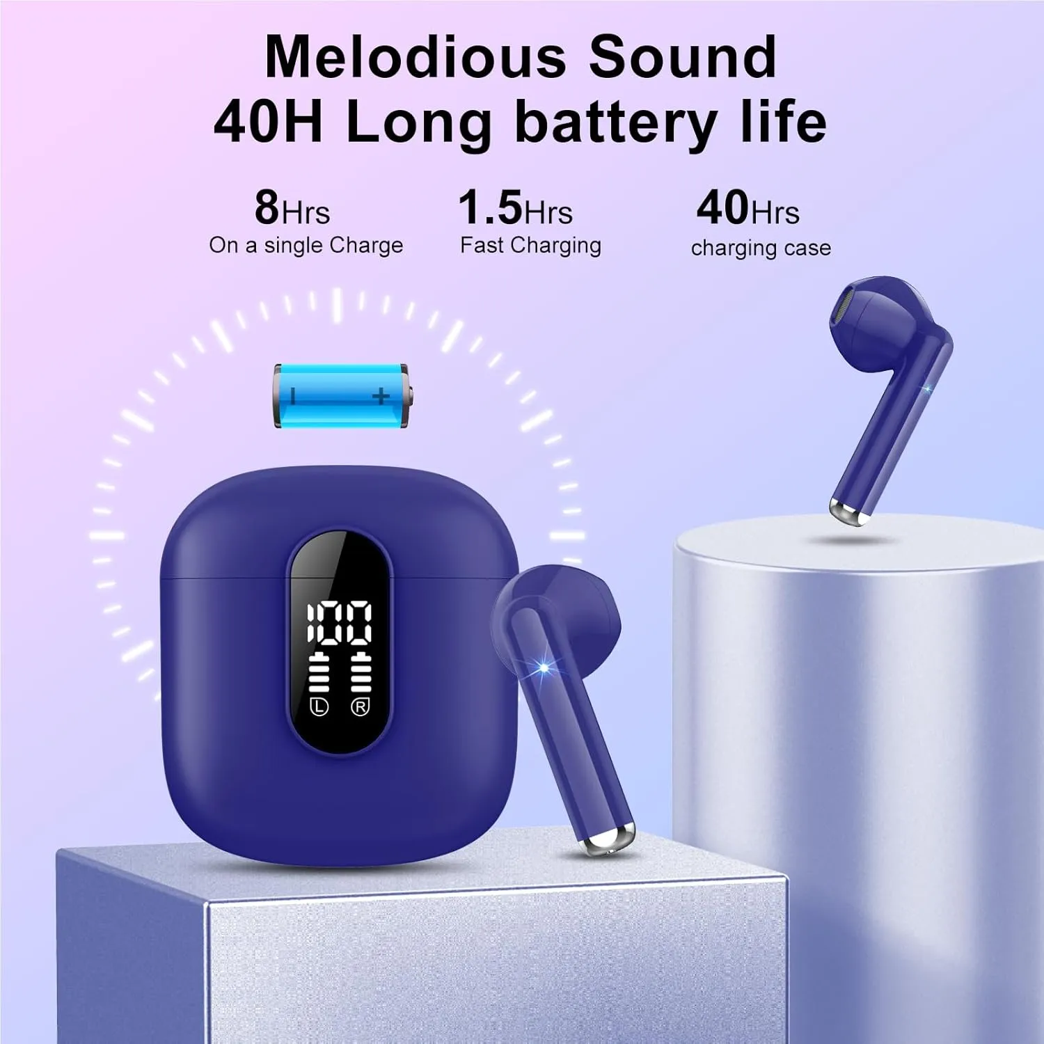 Wireless Earbuds 2024 Bluetooth 5.3 Headphones with HD Mic HiFi Stereo Sound, Wireless Earphones with Dual LED Display Touch Control, IPX7 Waterproof 30H Playtime Ear Buds for iOS Android, Dunkelblau