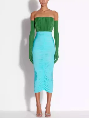 Women’s Color-Contrast Strapless Ruched Midi Dress with Long Gloves
