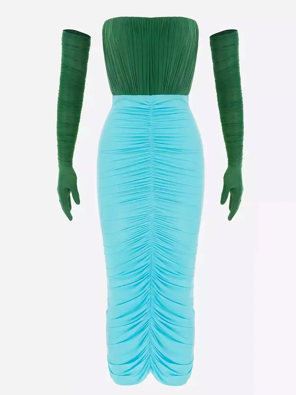 Women’s Color-Contrast Strapless Ruched Midi Dress with Long Gloves