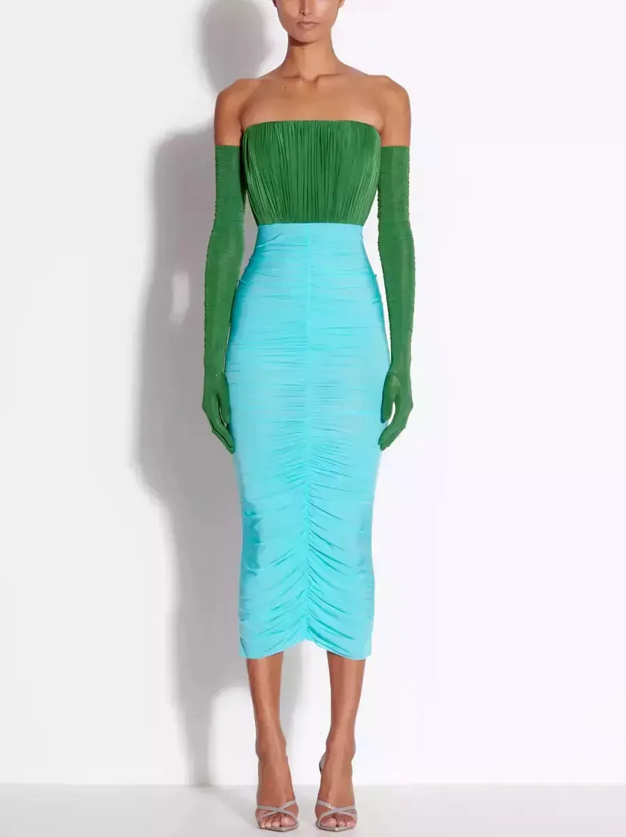 Women’s Color-Contrast Strapless Ruched Midi Dress with Long Gloves